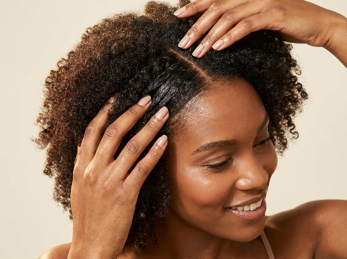 Woman with her fingertips resting on a healthy scalp between her partings